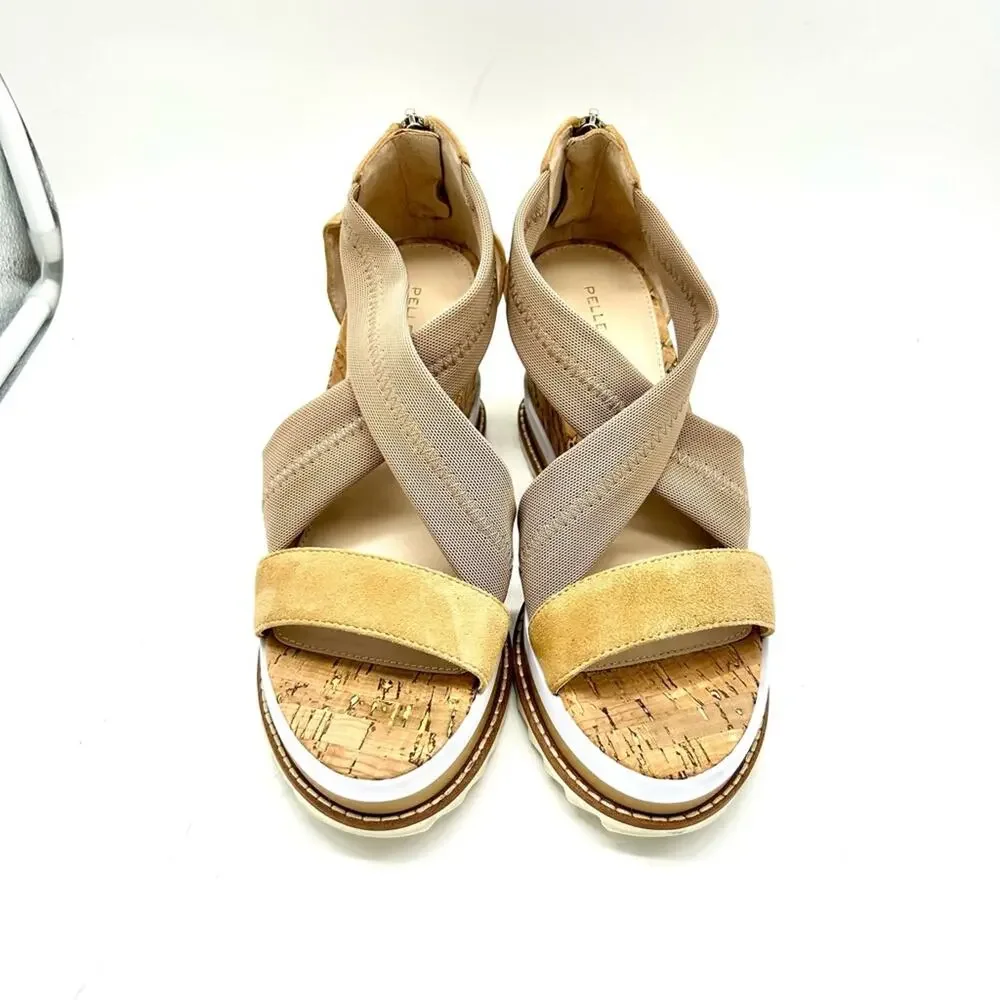 Pelle Moda Medina Wedge Sandal Size 7.5 Cork Elastic Suede Strappy Boho Chic